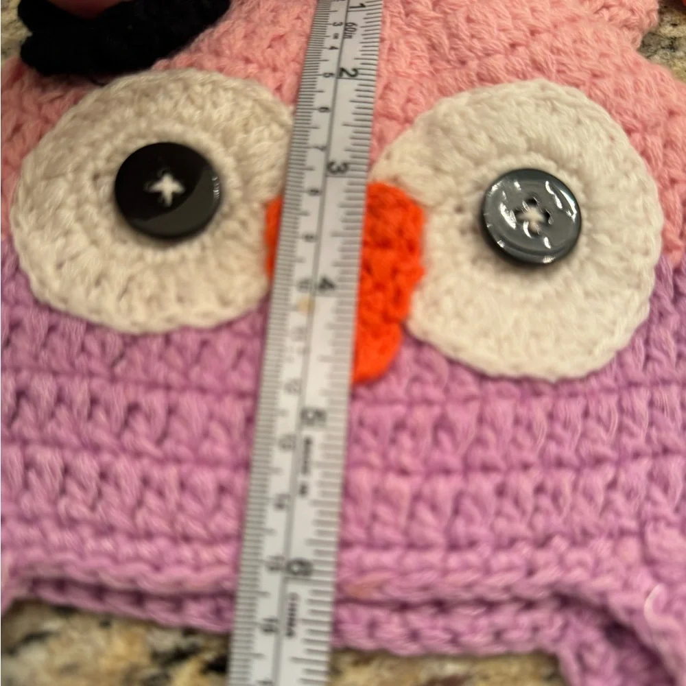 Knit hat girls Owl face with tassel ears, and two long braids in pinks & purples